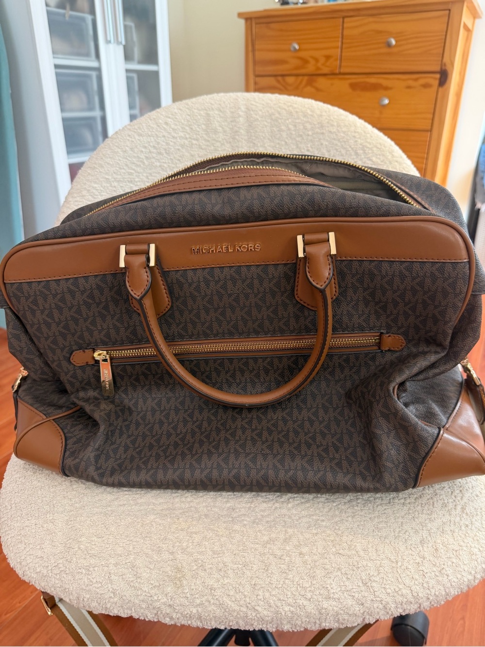 Michael Kors Brown Logo Canvas Duffel with Tan Leather Trim